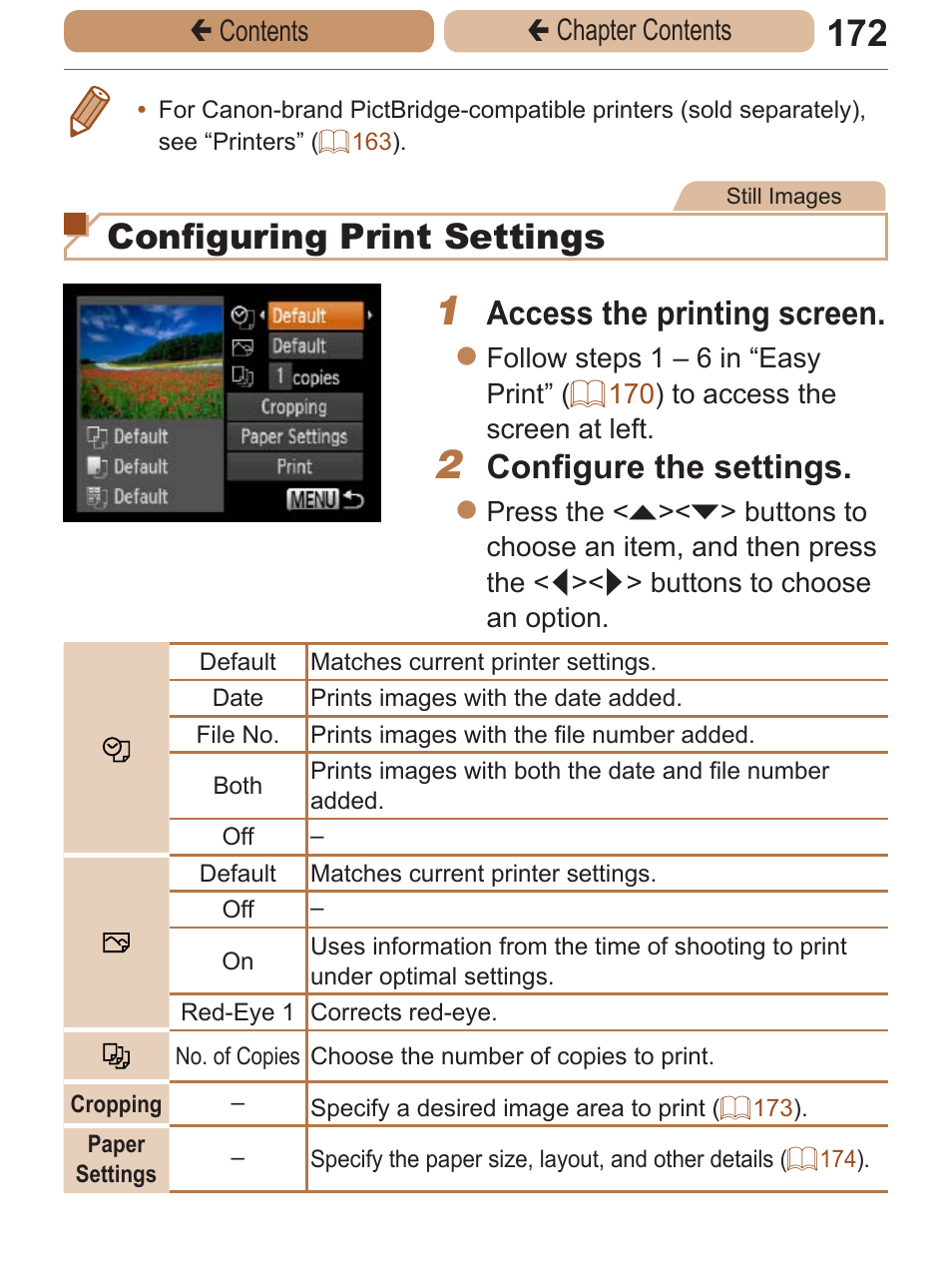 Configuring print settings, Access the printing screen, Configure the settings | Canon PowerShot A2600 User Manual | Page 172 / 229