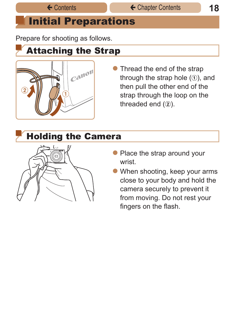 Initial preparations, Attaching the strap, Holding the camera | Canon PowerShot A2600 User Manual | Page 18 / 229