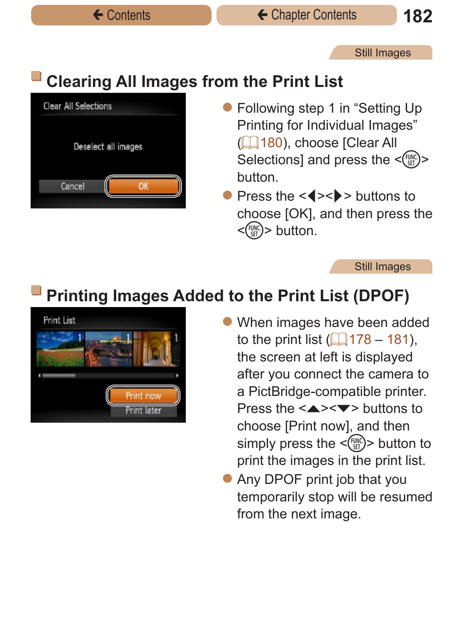 And ordering prints from a photo, Clearing all images from the print list, Printing images added to the print list (dpof) | Canon PowerShot A2600 User Manual | Page 182 / 229