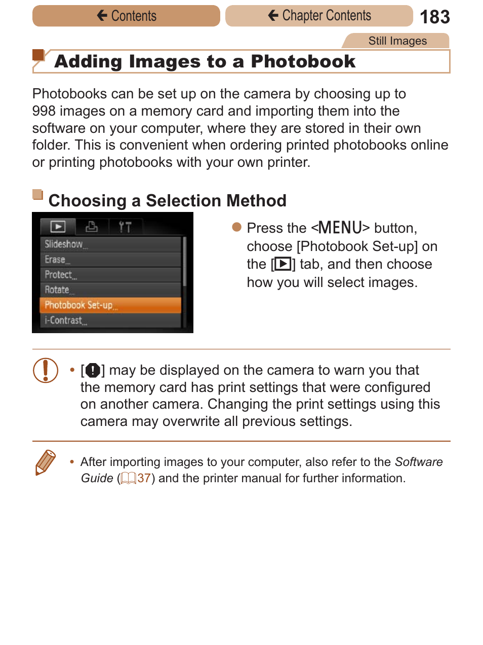 Adding images to a photobook, Choosing a selection method | Canon PowerShot A2600 User Manual | Page 183 / 229