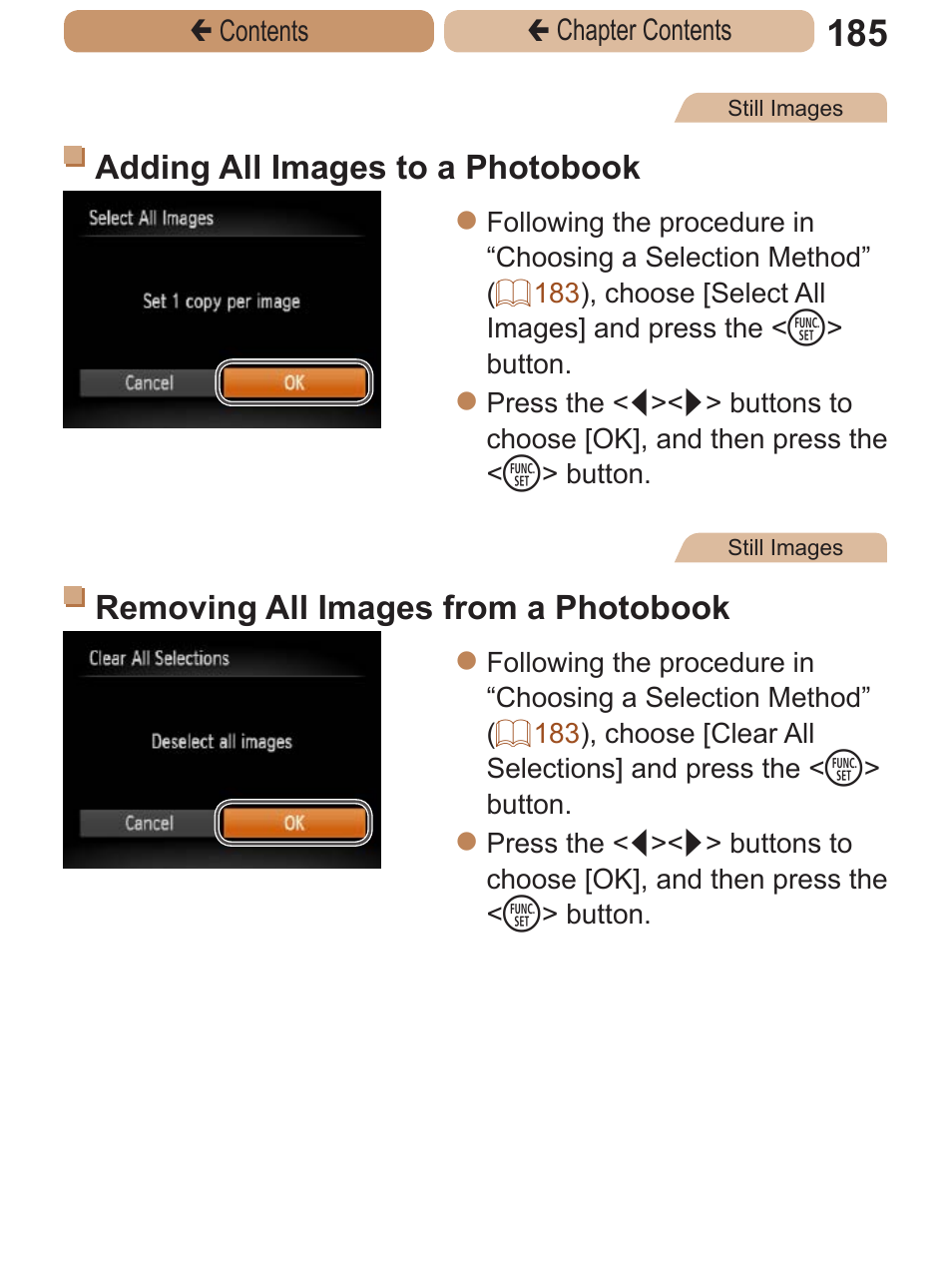 Adding all images to a photobook, Removing all images from a photobook | Canon PowerShot A2600 User Manual | Page 185 / 229