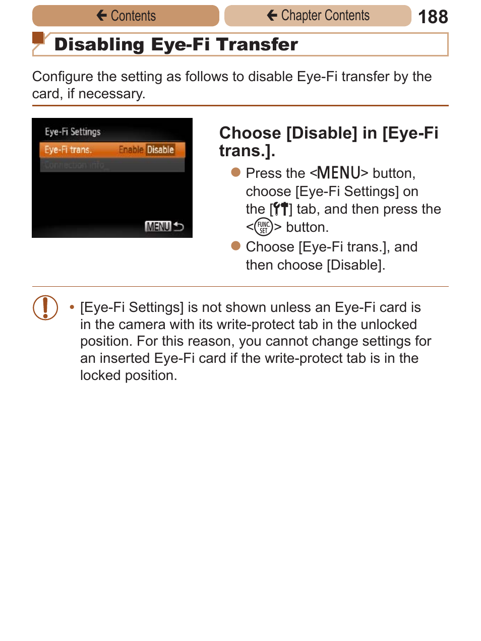 Disabling eye-fi transfer, Choose [disable] in [eye-fi trans | Canon PowerShot A2600 User Manual | Page 188 / 229