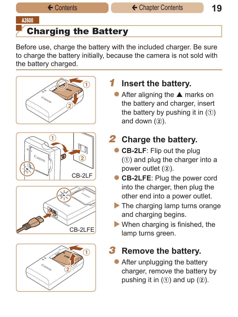 Charging the battery | Canon PowerShot A2600 User Manual | Page 19 / 229