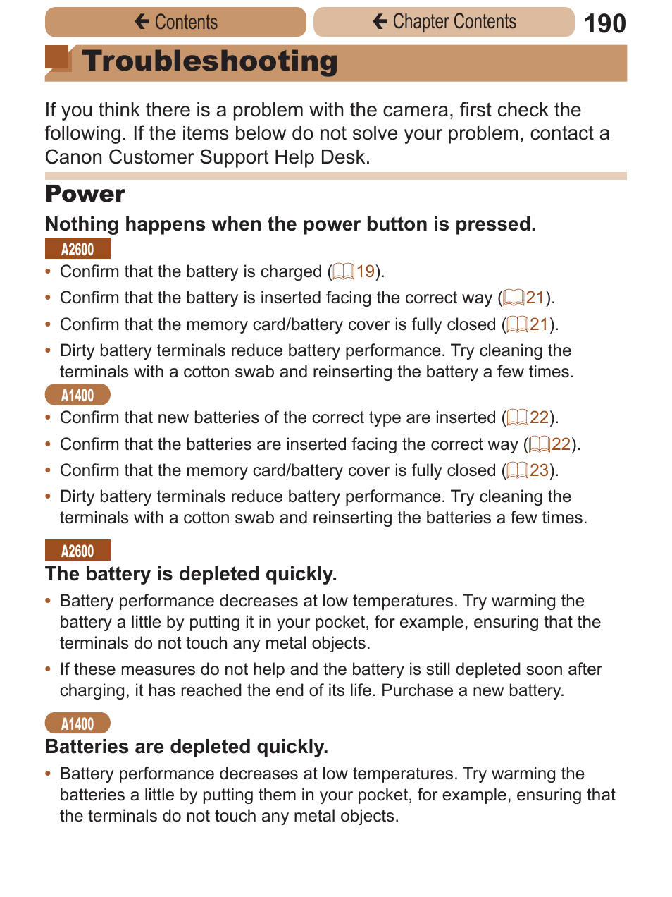 Troubleshooting, Power, Çcontents ç chapter contents | Canon PowerShot A2600 User Manual | Page 190 / 229