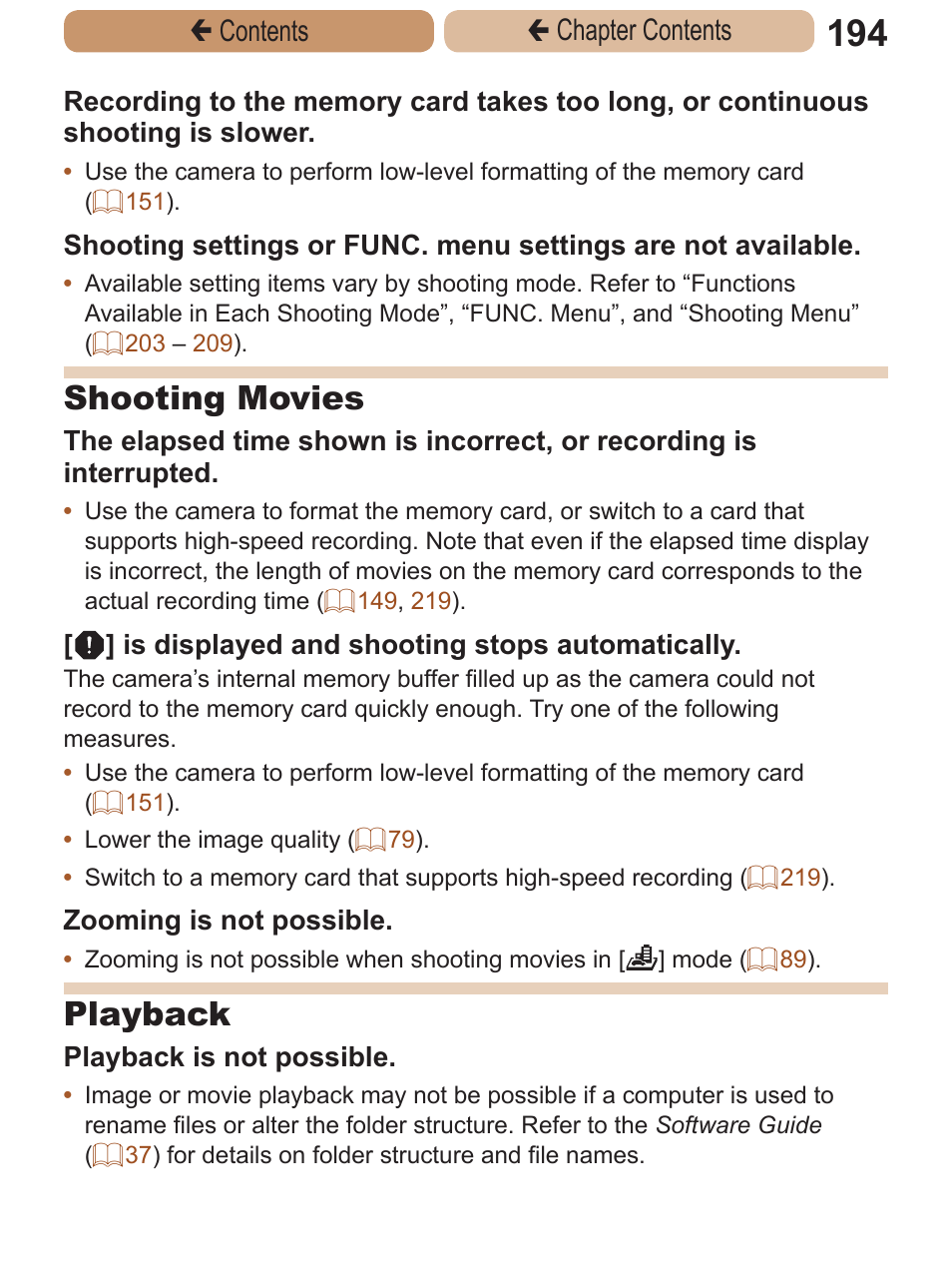 Shooting movies, Playback, Çcontents ç chapter contents | Canon PowerShot A2600 User Manual | Page 194 / 229