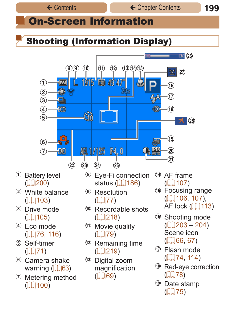 On-screen information, See “on-screen information, Shooting (information display) | Canon PowerShot A2600 User Manual | Page 199 / 229