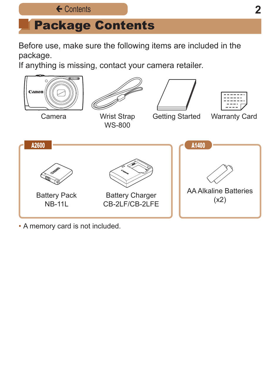 Package contents | Canon PowerShot A2600 User Manual | Page 2 / 229