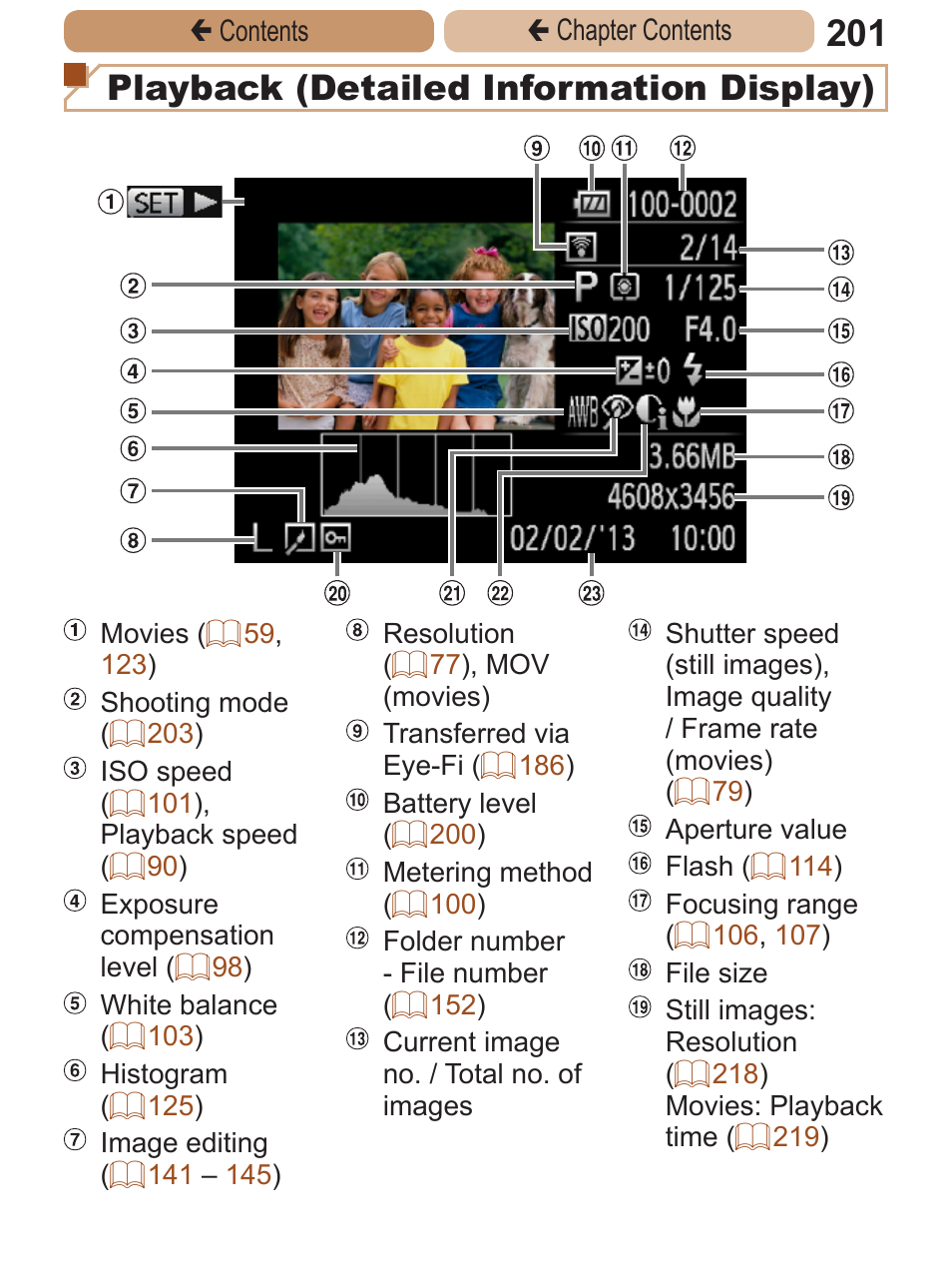 Displays shooting details, See “playback (detailed information display), Playback (detailed information display) | Canon PowerShot A2600 User Manual | Page 201 / 229