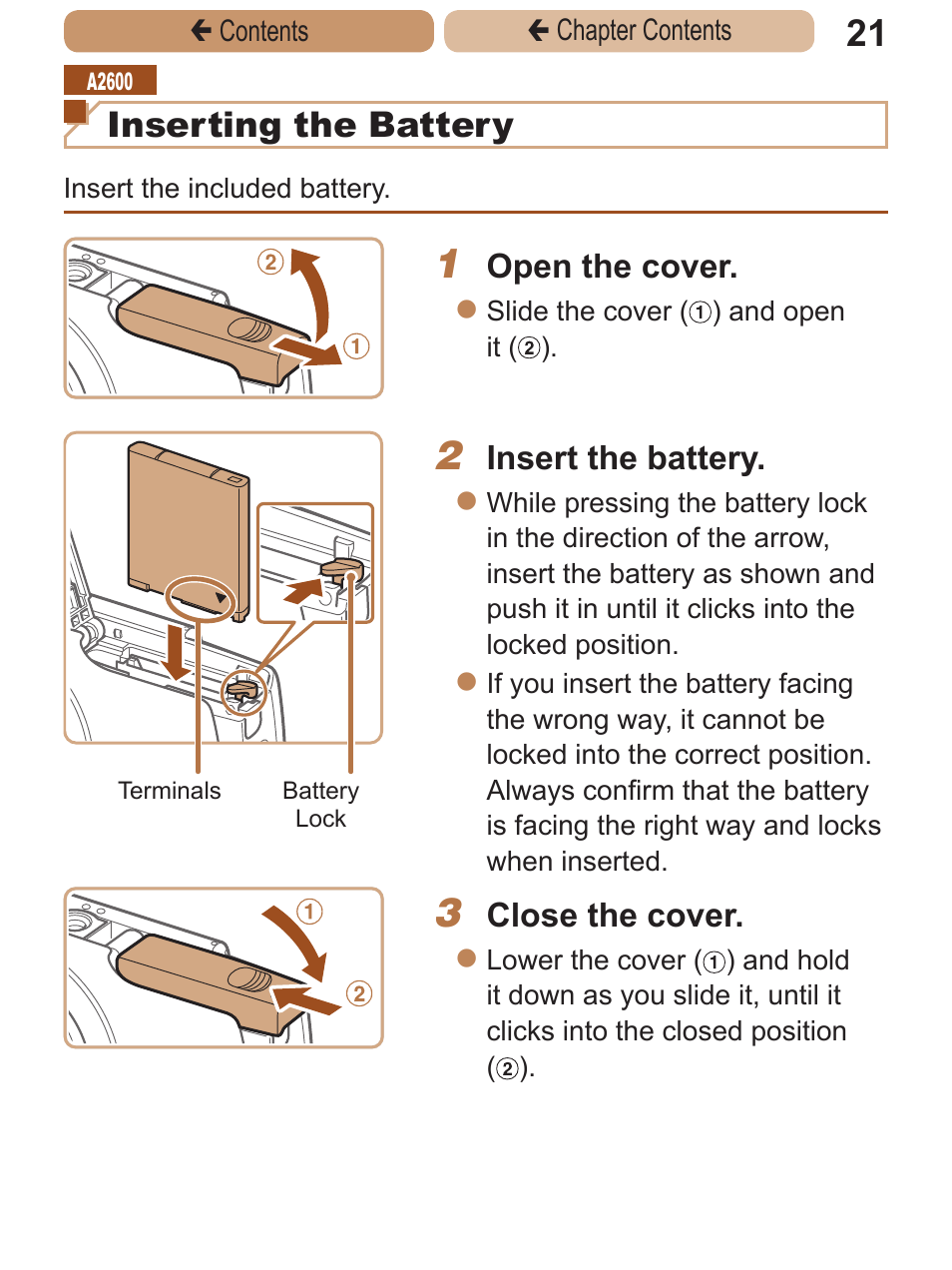 Inserting the battery | Canon PowerShot A2600 User Manual | Page 21 / 229