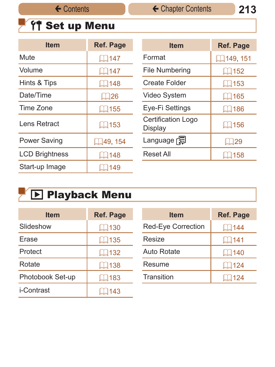 3 set up menu, 1 playback menu, Çcontents ç chapter contents | Canon PowerShot A2600 User Manual | Page 213 / 229