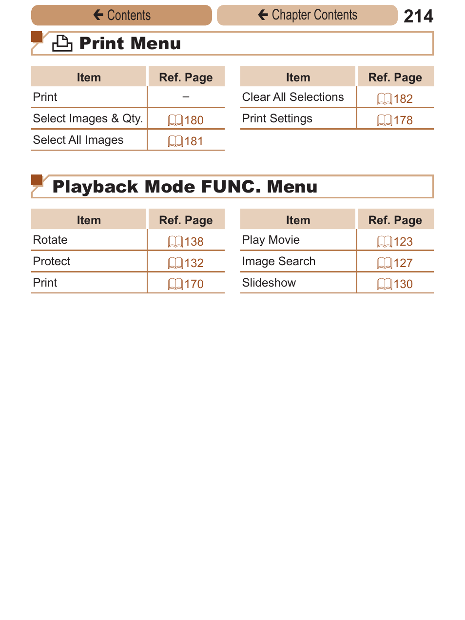 Or playback mode, 2 print menu, Playback mode func. menu | Çcontents ç chapter contents | Canon PowerShot A2600 User Manual | Page 214 / 229