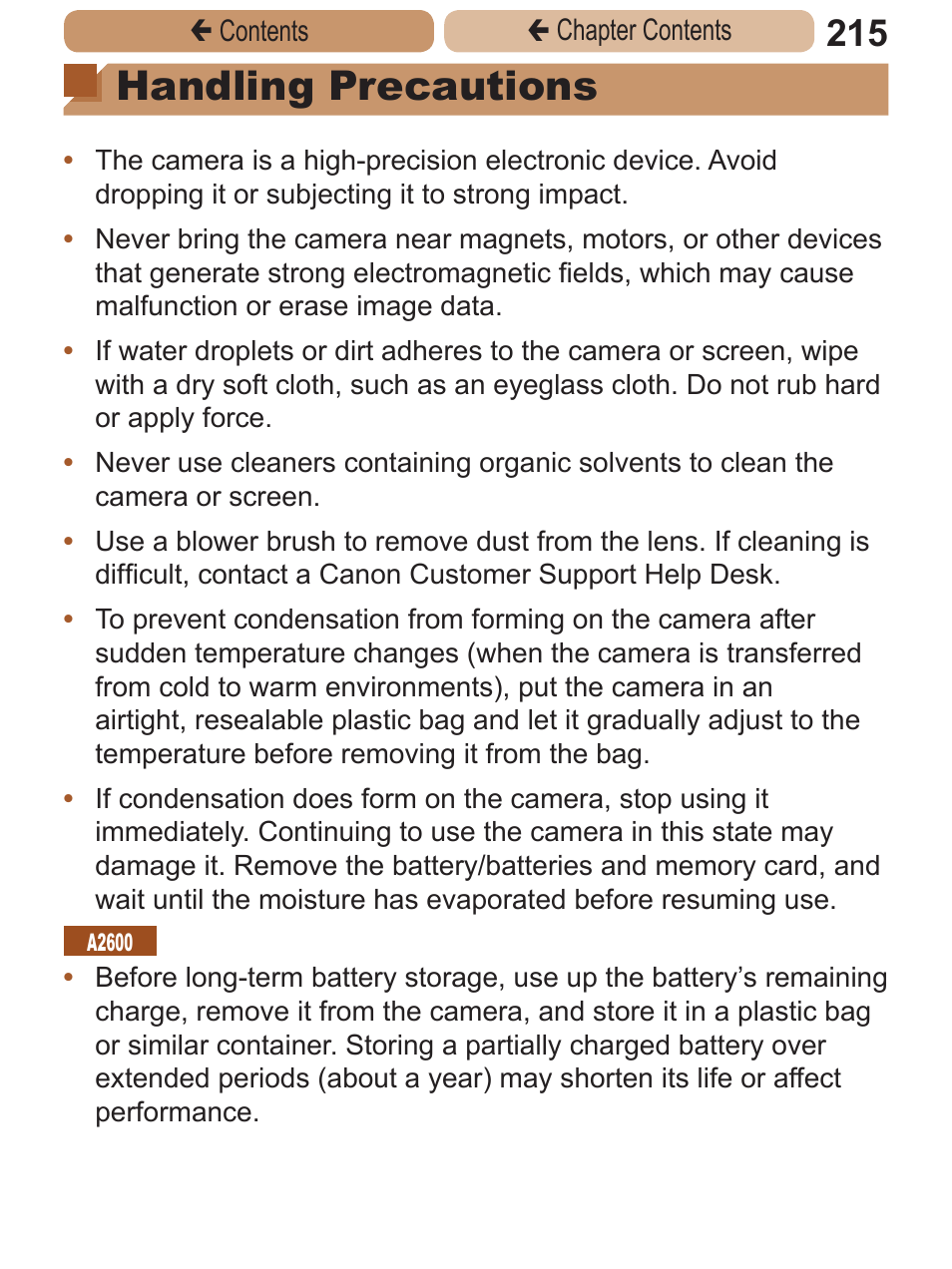 Handling precautions | Canon PowerShot A2600 User Manual | Page 215 / 229