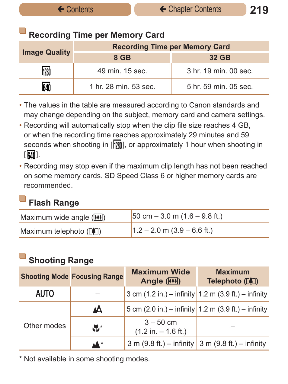 Flash, Range, Shooting range | Recording time per memory card, Mode, see “shooting, Details on the focusing range, see “shooting range, Range, see “flash range, Make sure subjects are within focusing range, Time, Çcontents ç chapter contents | Canon PowerShot A2600 User Manual | Page 219 / 229