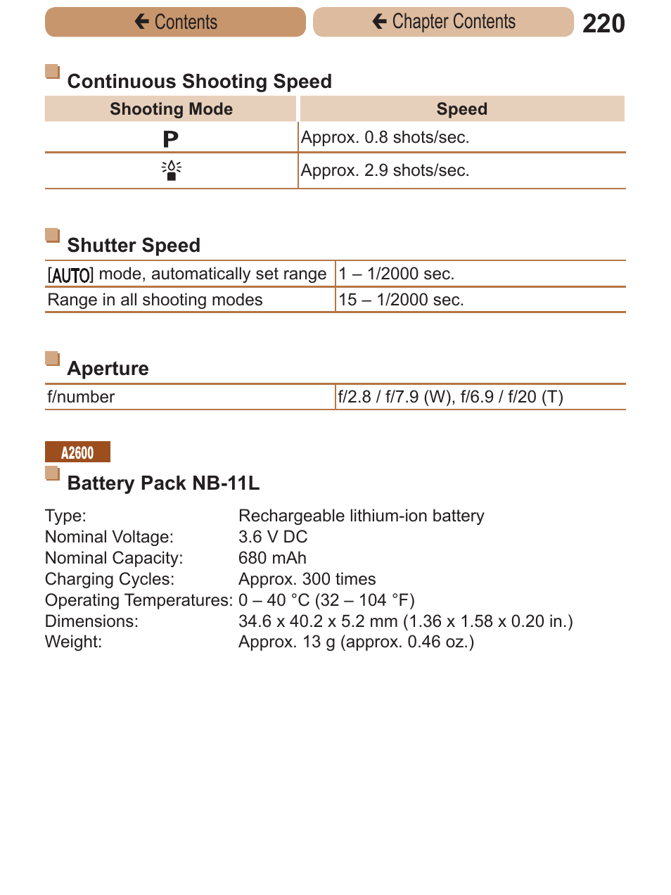 Shooting speed, Çcontents ç chapter contents | Canon PowerShot A2600 User Manual | Page 220 / 229