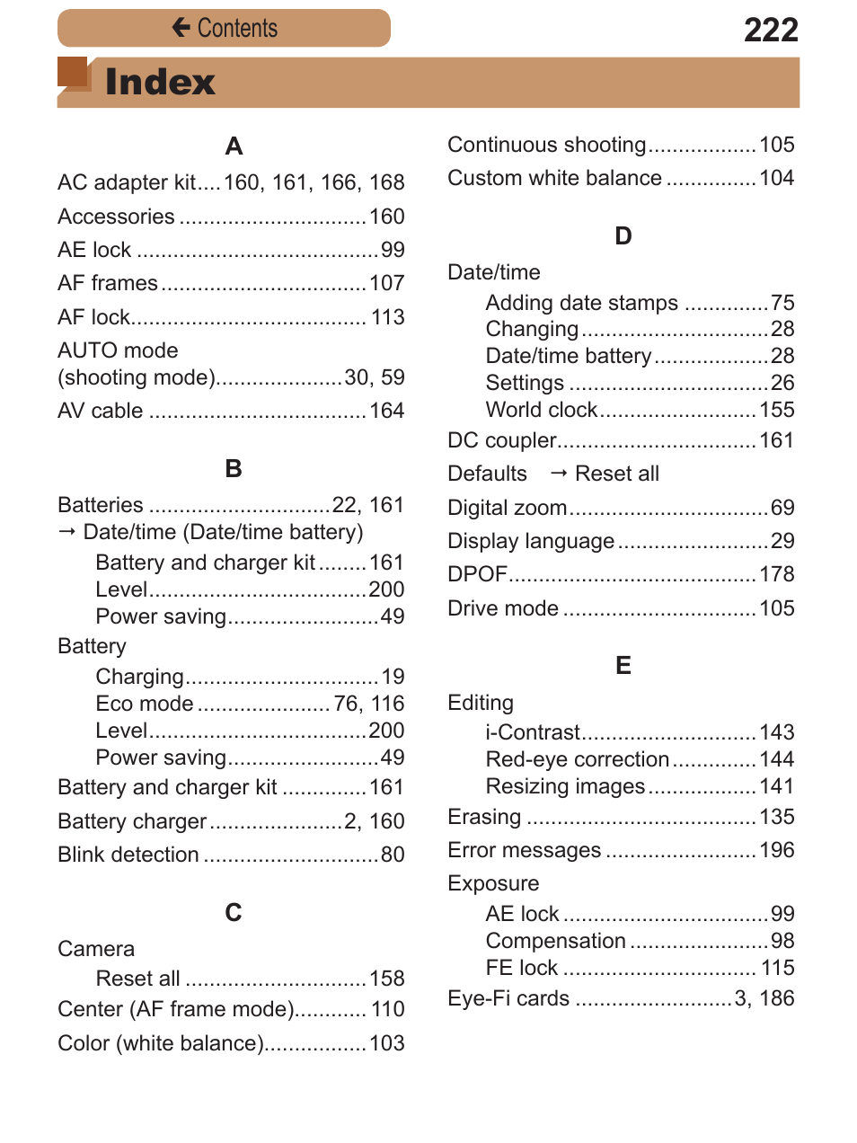 Index, Çcontents | Canon PowerShot A2600 User Manual | Page 222 / 229