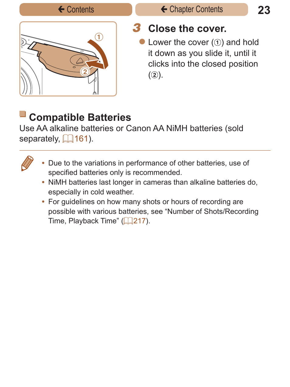 Close the cover, Compatible batteries | Canon PowerShot A2600 User Manual | Page 23 / 229