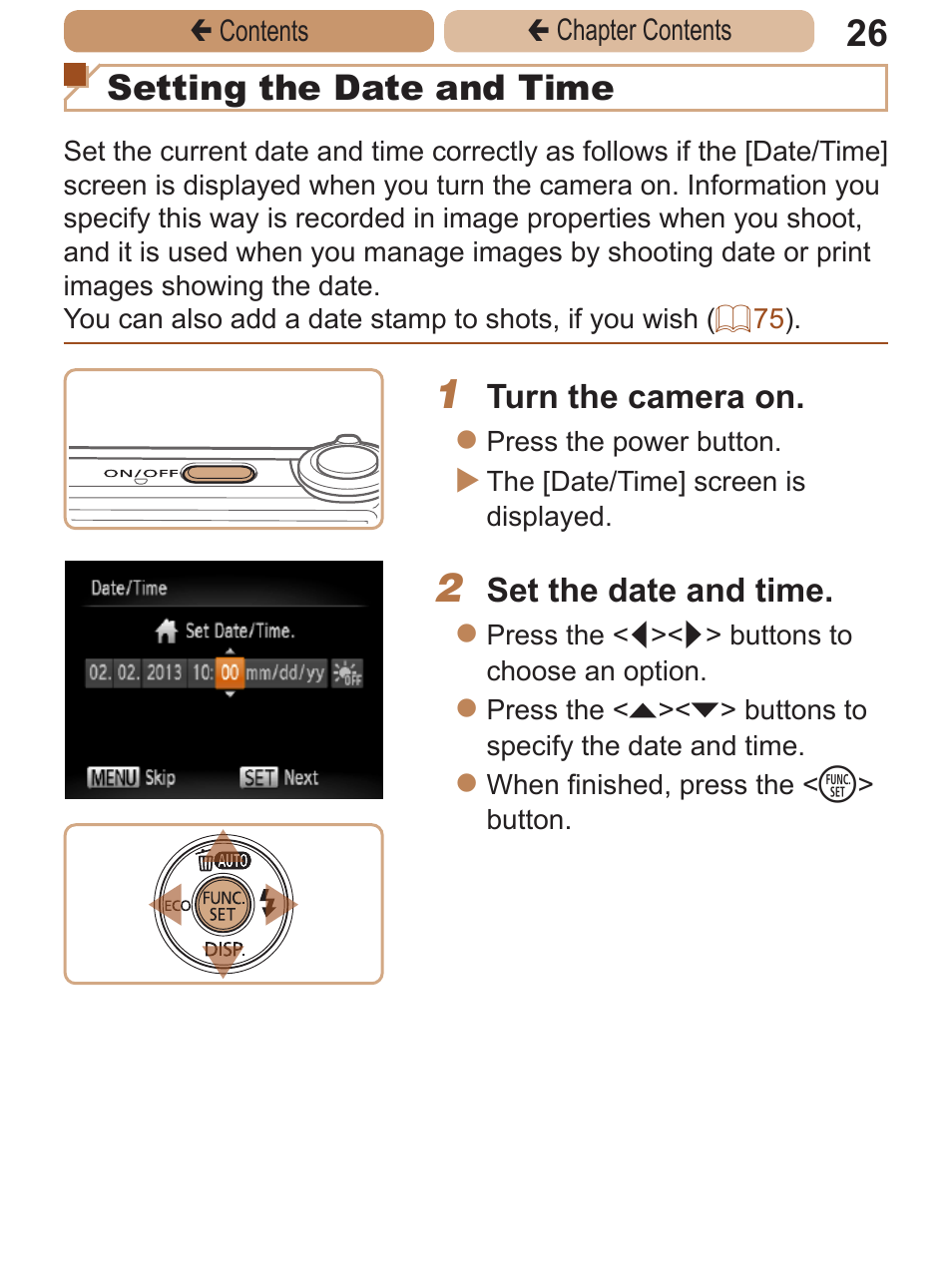 Setting the date and time | Canon PowerShot A2600 User Manual | Page 26 / 229