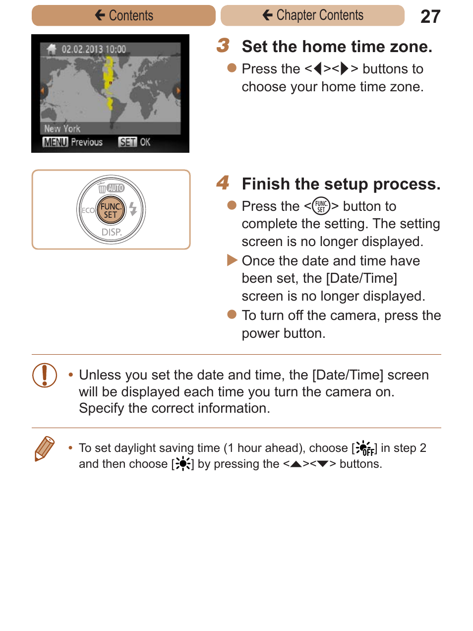 Set the home time zone, Finish the setup process | Canon PowerShot A2600 User Manual | Page 27 / 229