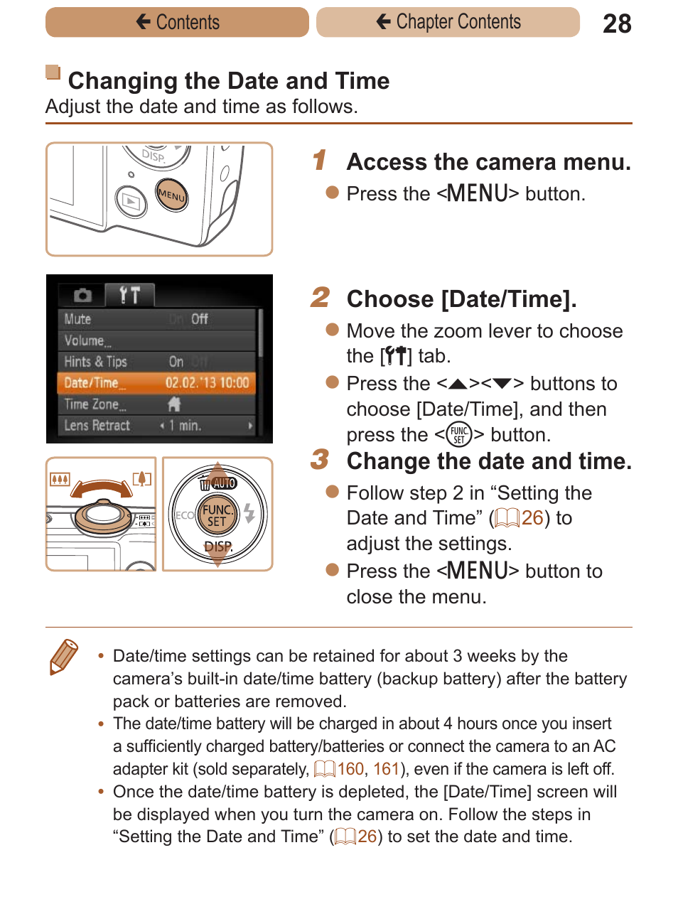 Changing the date and time, Access the camera menu, Choose [date/time | Change the date and time | Canon PowerShot A2600 User Manual | Page 28 / 229