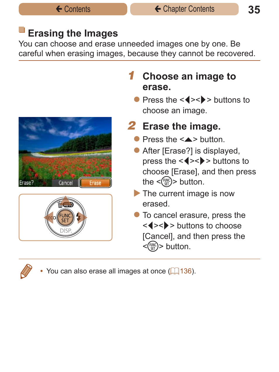 Erasing the images, Choose an image to erase, Erase the image | Canon PowerShot A2600 User Manual | Page 35 / 229