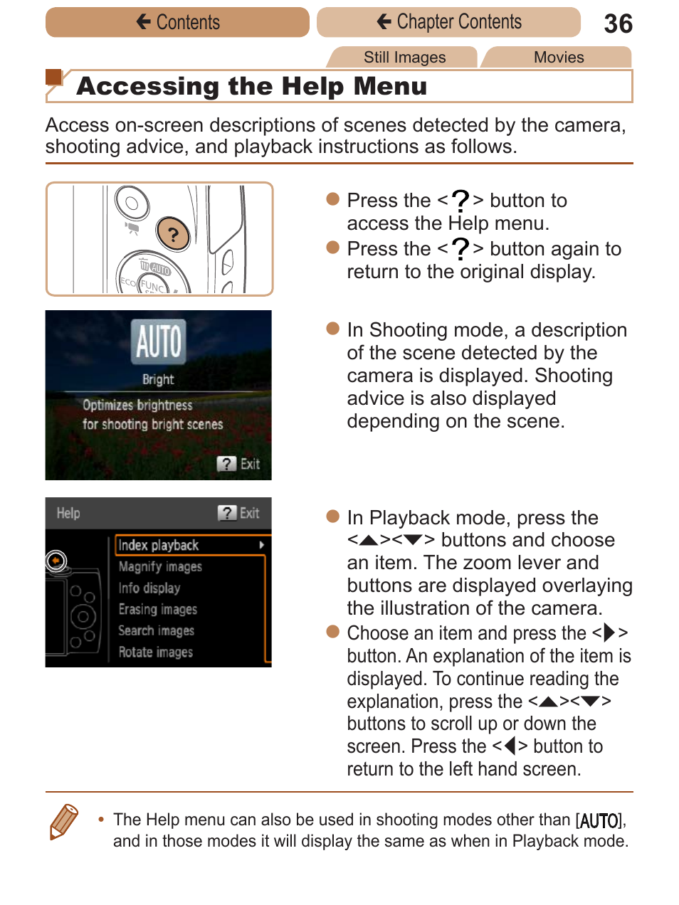 Accessing the help menu | Canon PowerShot A2600 User Manual | Page 36 / 229