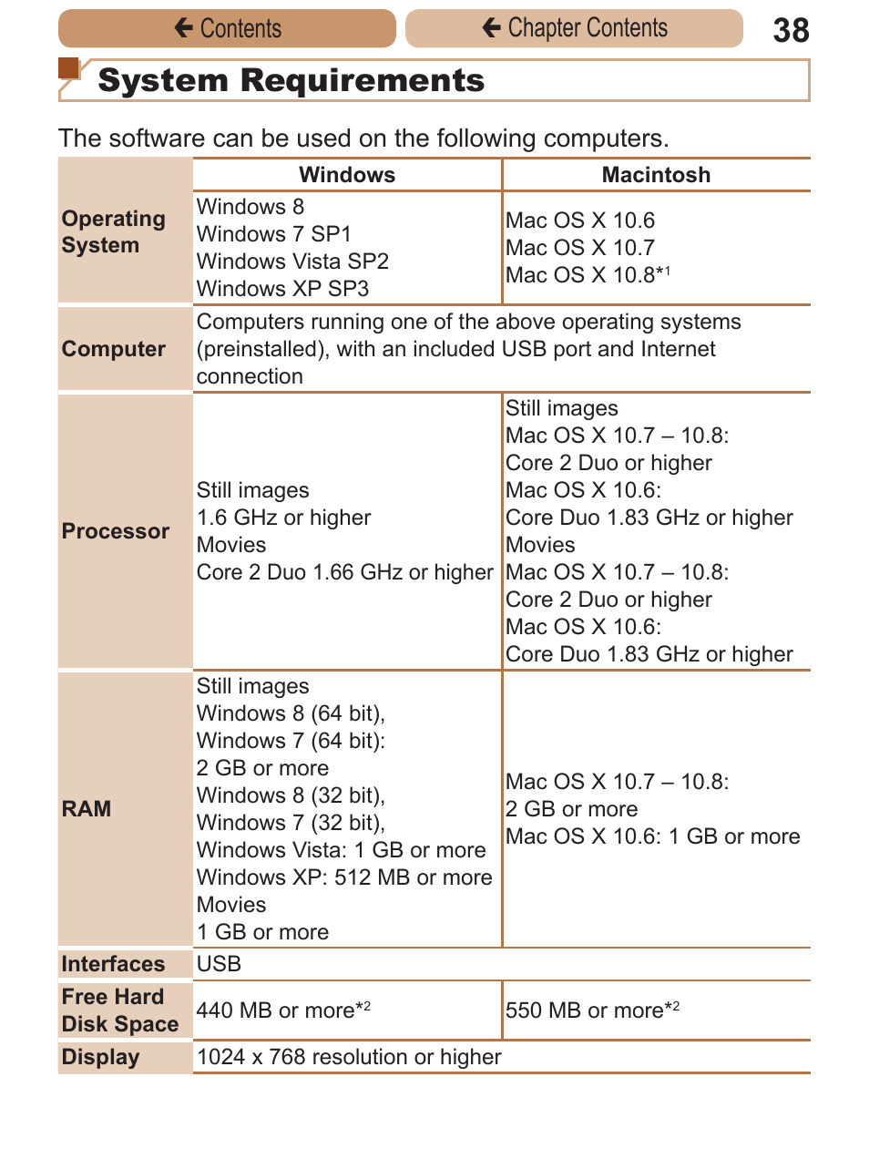 System requirements, Çcontents ç chapter contents | Canon PowerShot A2600 User Manual | Page 38 / 229