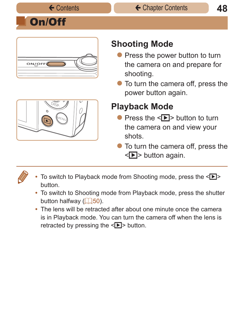 On/off, Shooting mode, Playback mode | Canon PowerShot A2600 User Manual | Page 48 / 229