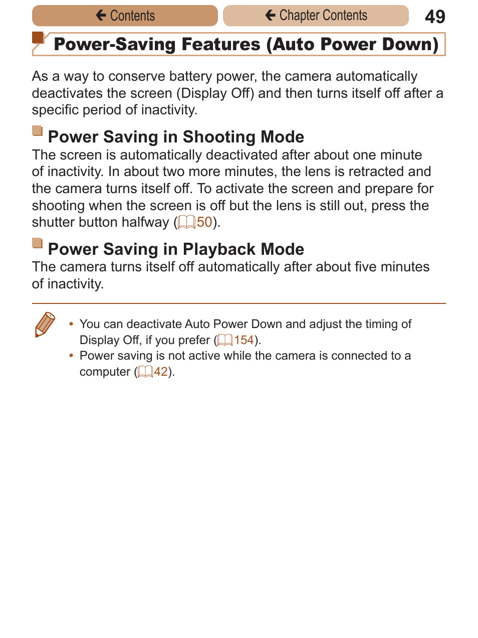 Power-saving features (auto power down), Power saving in shooting mode, Power saving in playback mode | Canon PowerShot A2600 User Manual | Page 49 / 229