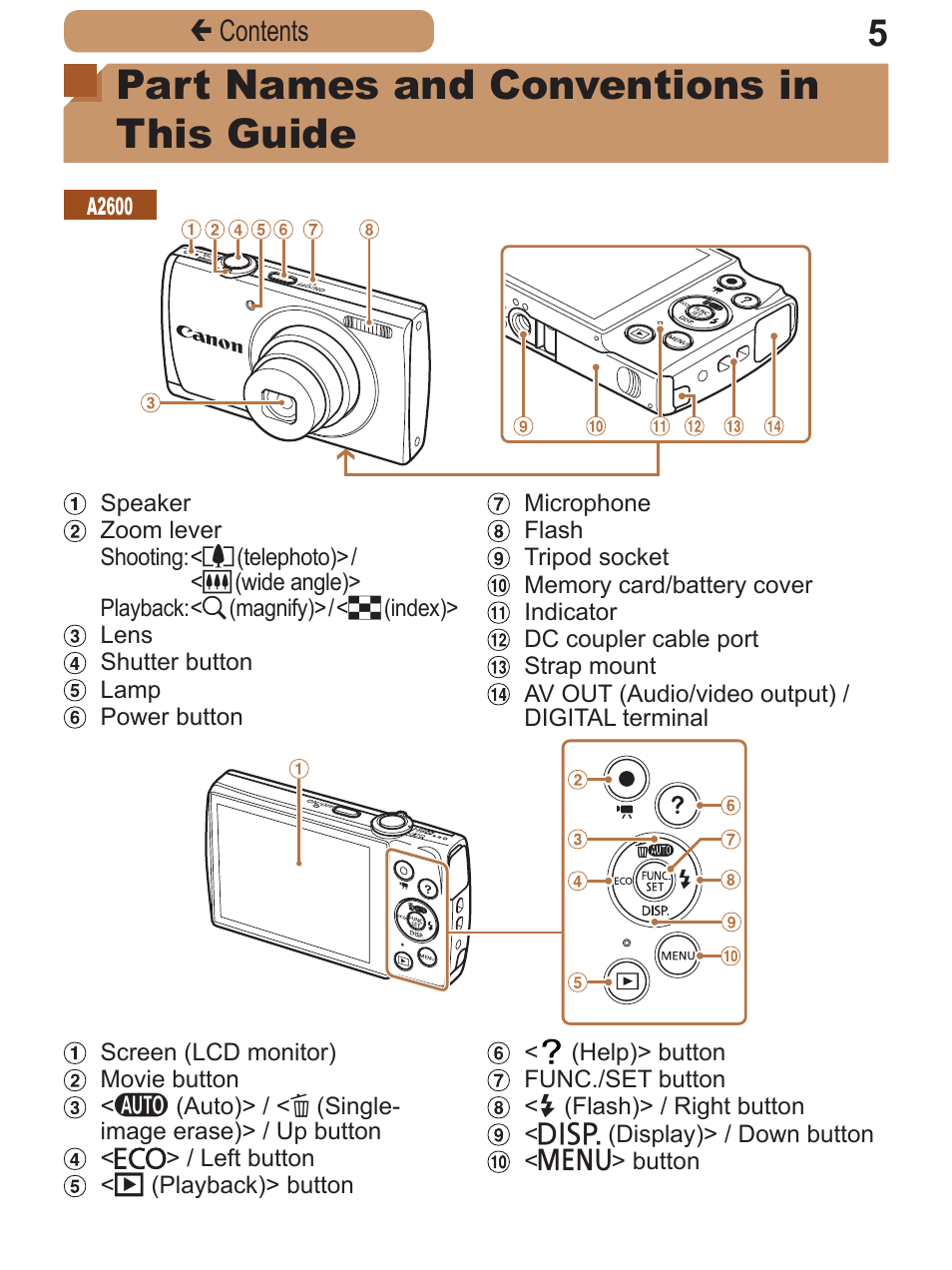 Part names and conventions in this guide, Çcontents | Canon PowerShot A2600 User Manual | Page 5 / 229