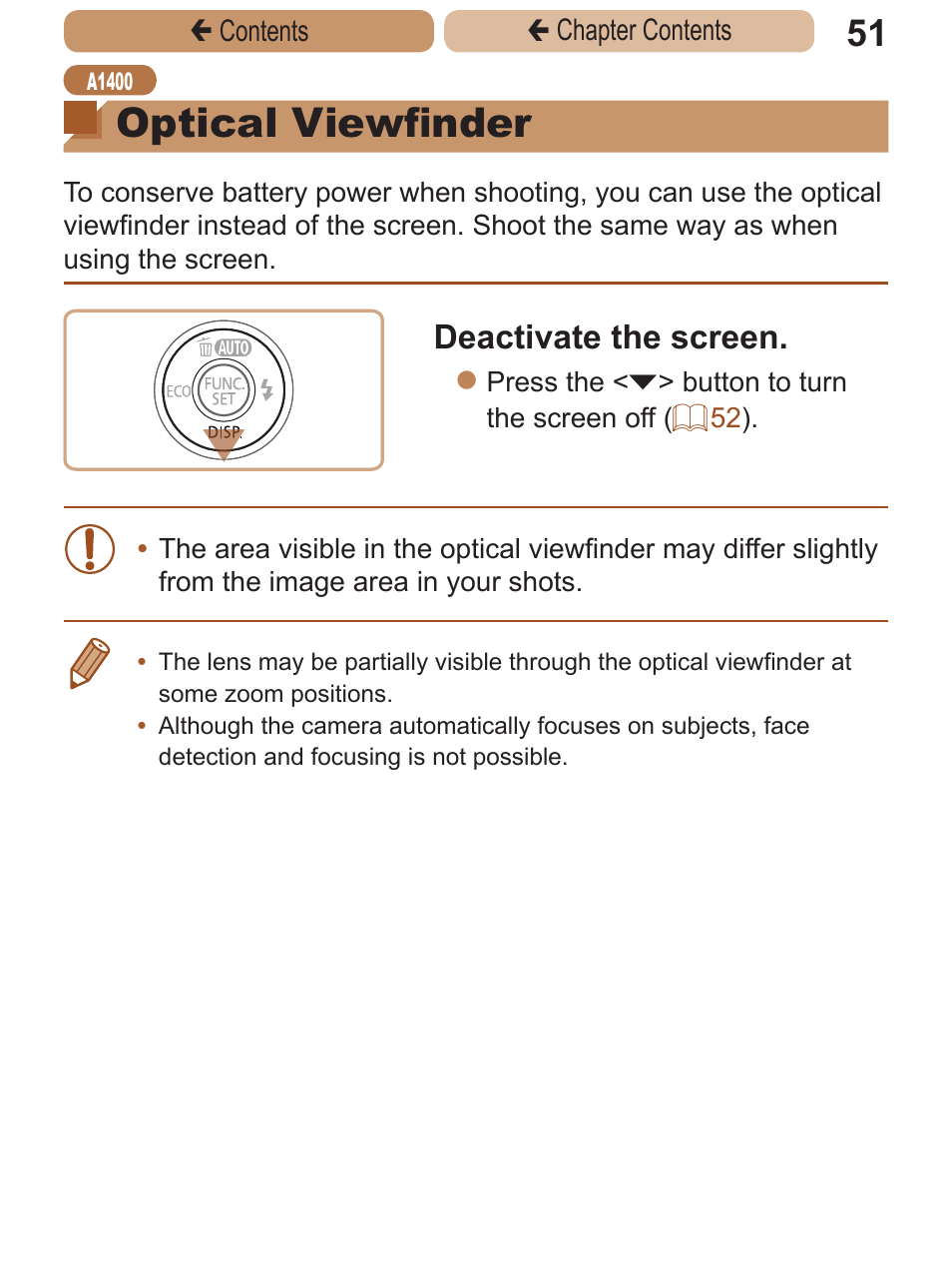 Optical viewfinder, Deactivate the screen | Canon PowerShot A2600 User Manual | Page 51 / 229