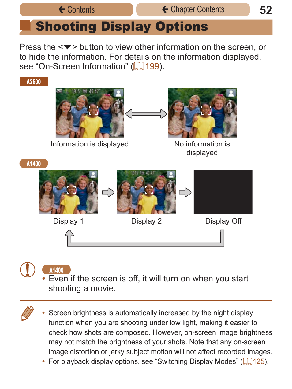 Shooting display options | Canon PowerShot A2600 User Manual | Page 52 / 229