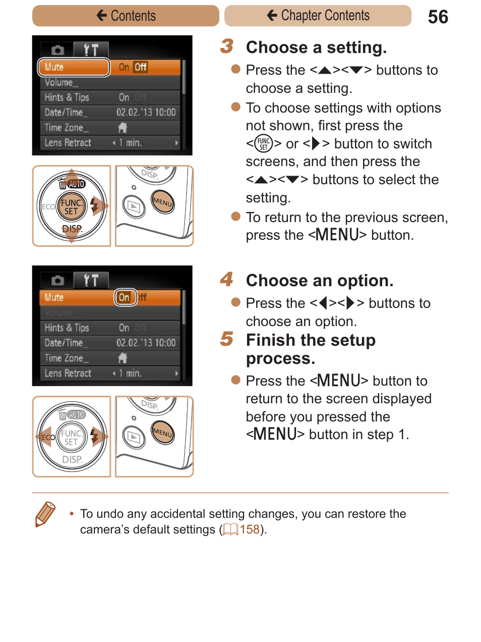 Choose a setting, Choose an option, Finish the setup process | Canon PowerShot A2600 User Manual | Page 56 / 229