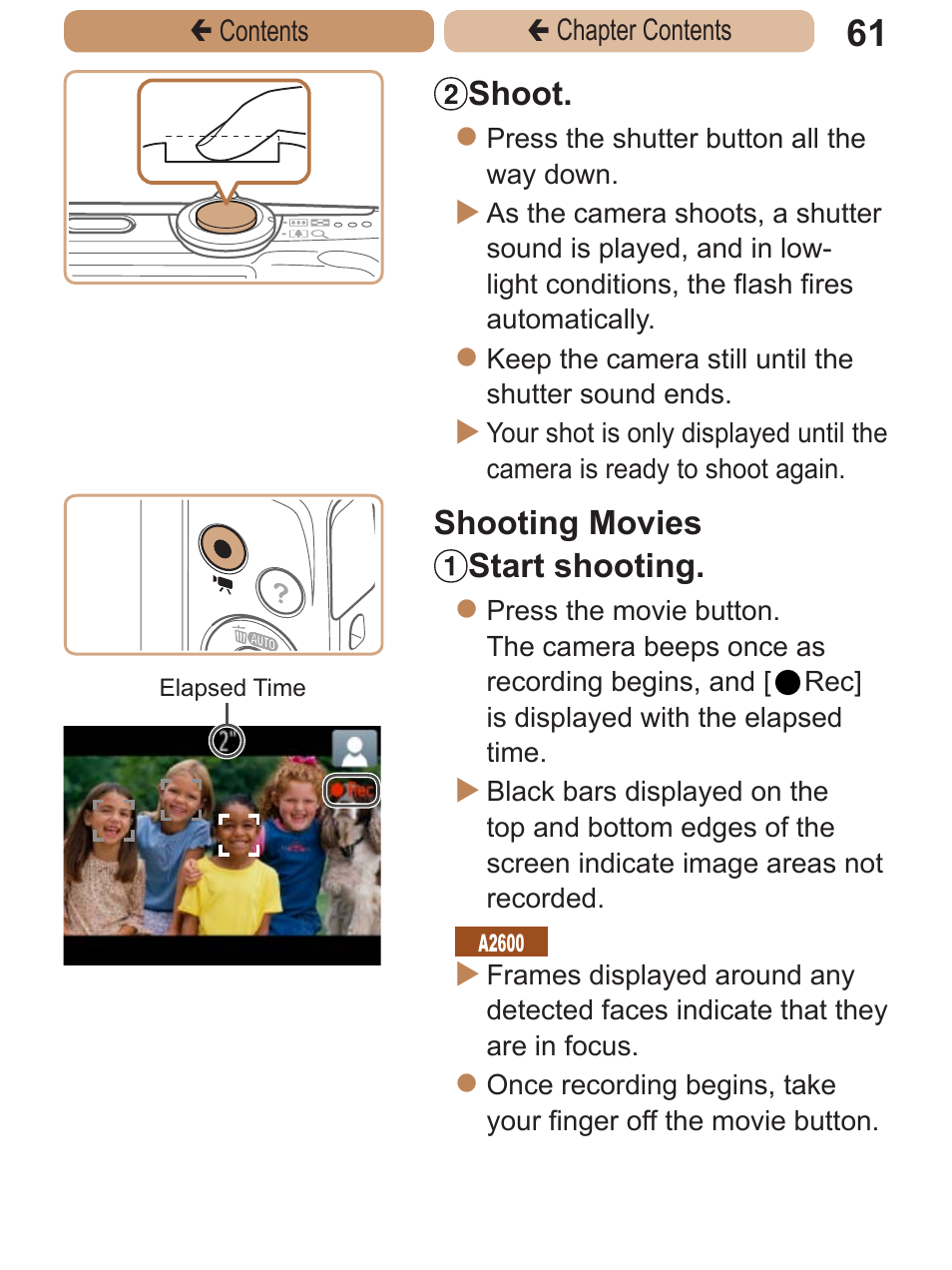 Shoot, Shooting movies start shooting | Canon PowerShot A2600 User Manual | Page 61 / 229