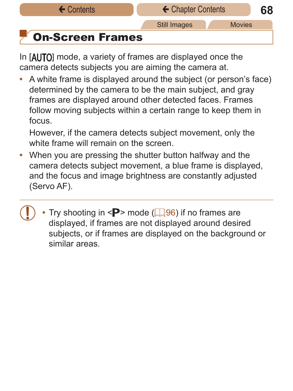 On-screen frames | Canon PowerShot A2600 User Manual | Page 68 / 229