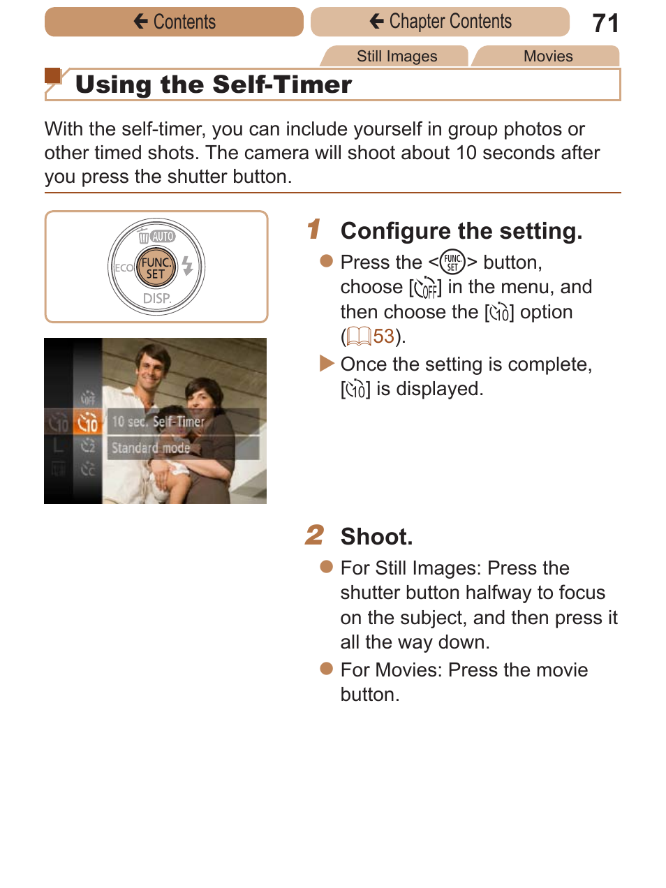 Using the self-timer | Canon PowerShot A2600 User Manual | Page 71 / 229