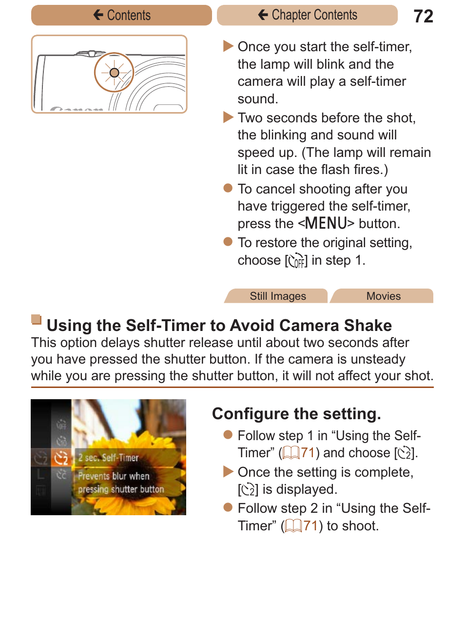 Using the self-timer to avoid camera shake, Configure the setting | Canon PowerShot A2600 User Manual | Page 72 / 229