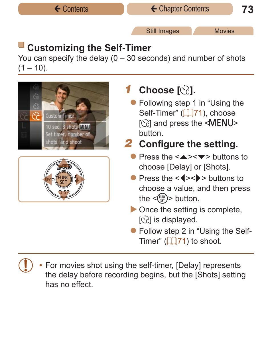 Customizing the self-timer, Choose, Configure the setting | Canon PowerShot A2600 User Manual | Page 73 / 229