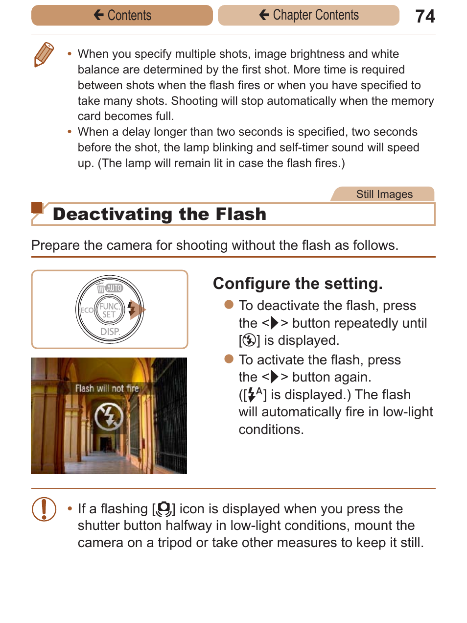 Deactivating the flash, Configure the setting | Canon PowerShot A2600 User Manual | Page 74 / 229