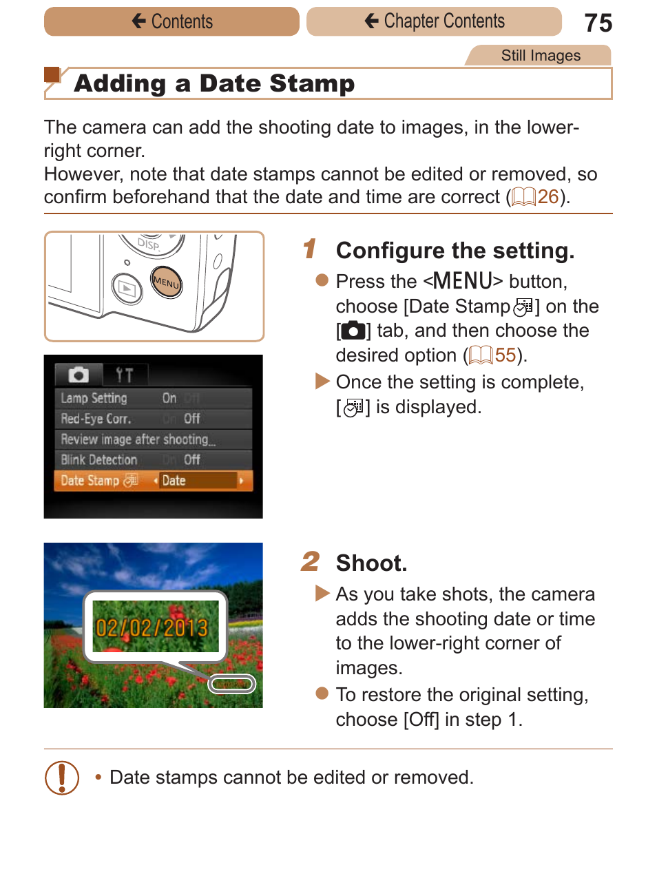 Ou can also add a date stamp to shots, if you wish, Adding a date stamp, Configure the setting | Shoot | Canon PowerShot A2600 User Manual | Page 75 / 229