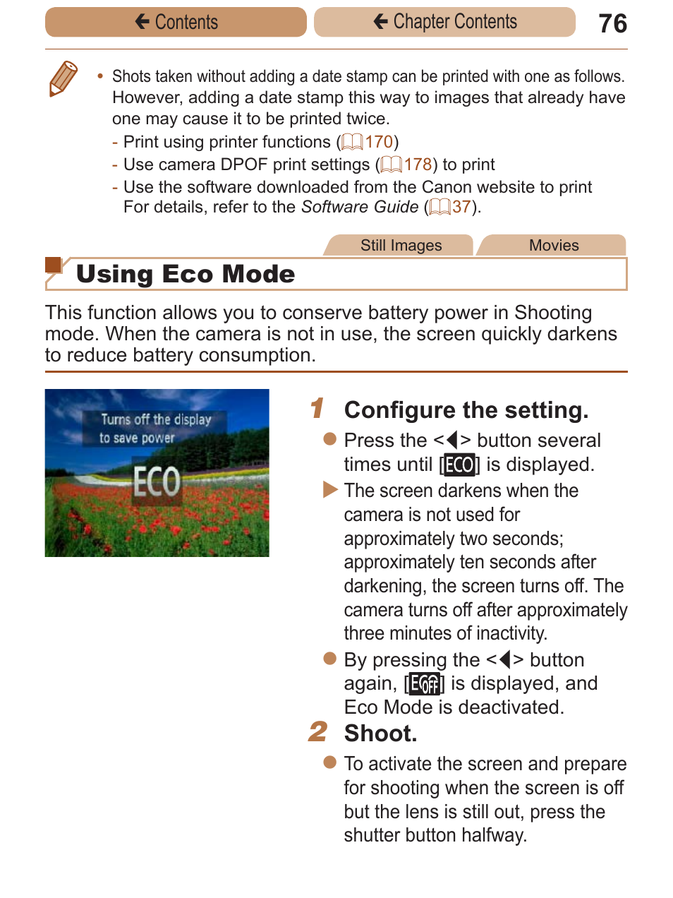 Using eco mode, Configure the setting, Shoot | Canon PowerShot A2600 User Manual | Page 76 / 229