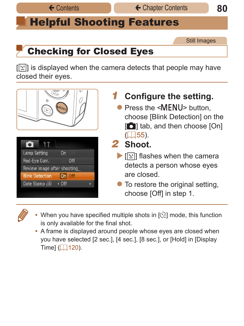 Helpful shooting features, Helpful shooting, Features | Checking for closed eyes, Configure the setting, Shoot | Canon PowerShot A2600 User Manual | Page 80 / 229