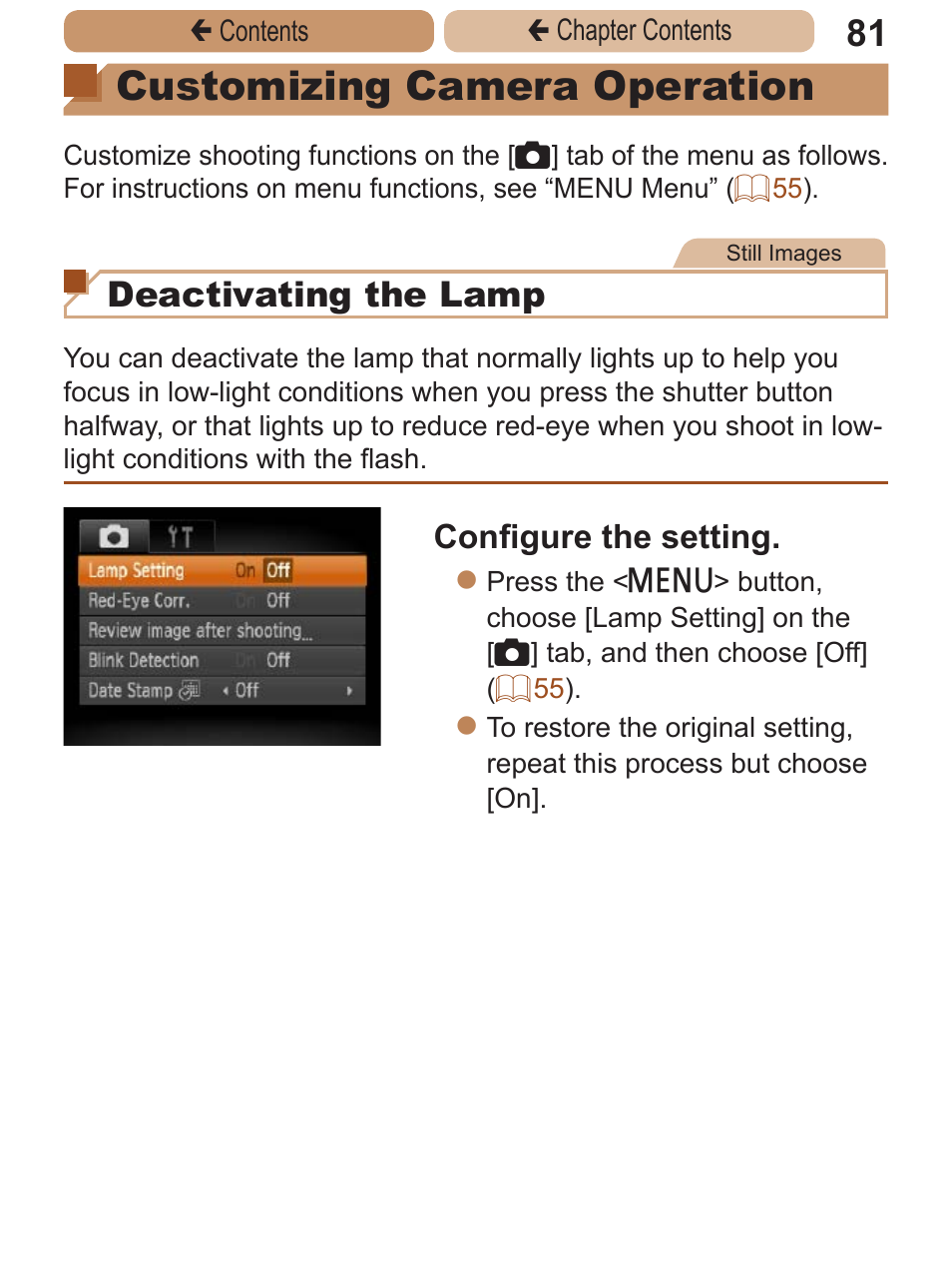 Customizing camera, Operation, Customizing camera operation | Deactivating the lamp, Configure the setting | Canon PowerShot A2600 User Manual | Page 81 / 229