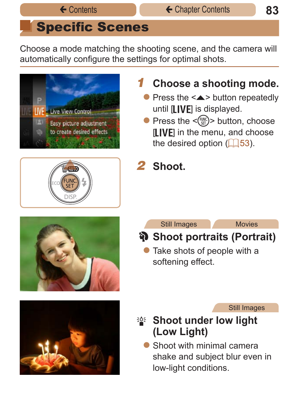 Specific scenes | Canon PowerShot A2600 User Manual | Page 83 / 229