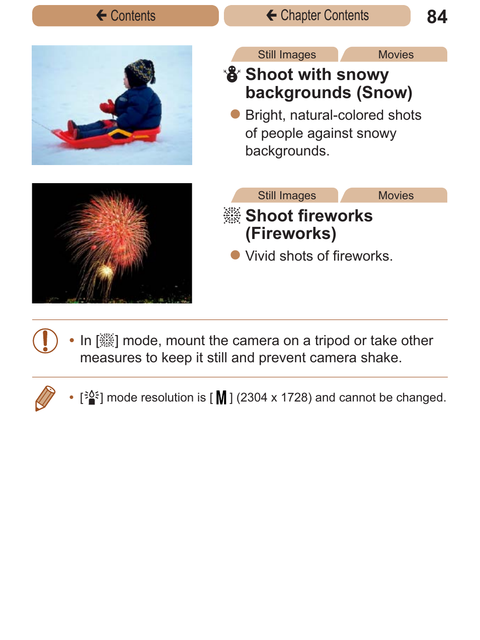 Pshoot with snowy backgrounds (snow), Tshoot fireworks (fireworks) | Canon PowerShot A2600 User Manual | Page 84 / 229