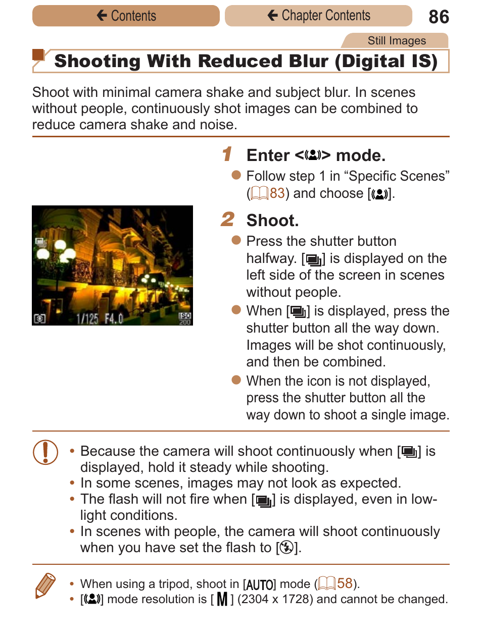 Shooting with reduced blur (digital is), Enter < > mode, Shoot | Canon PowerShot A2600 User Manual | Page 86 / 229