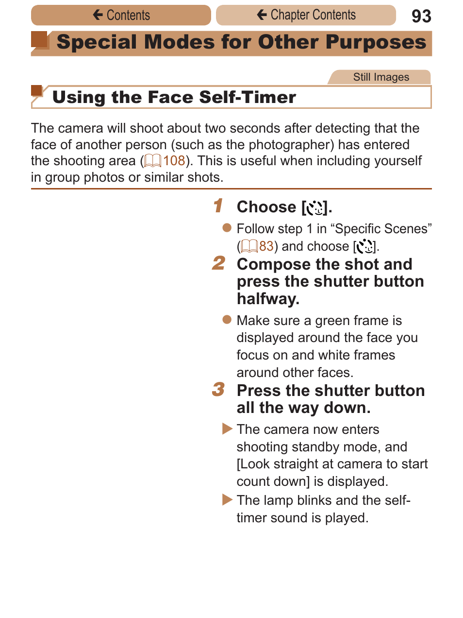 Special modes for other, Purposes, Special modes for other purposes | Using the face self-timer | Canon PowerShot A2600 User Manual | Page 93 / 229