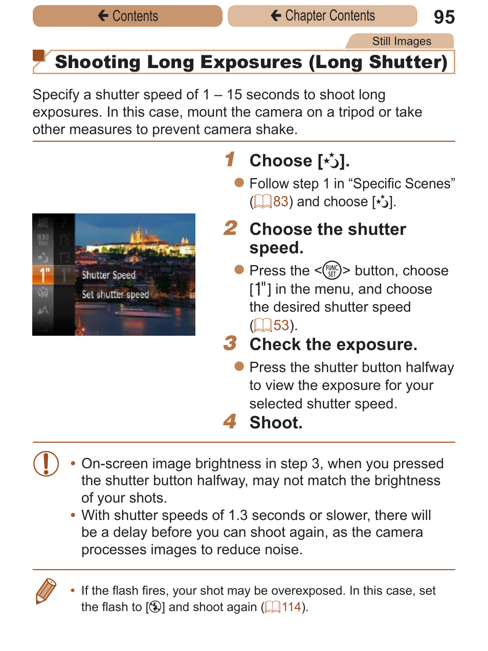 Shooting long exposures, Long exposures, Shooting long exposures (long shutter) | Choose [ n, Choose the shutter speed, Check the exposure, Shoot | Canon PowerShot A2600 User Manual | Page 95 / 229