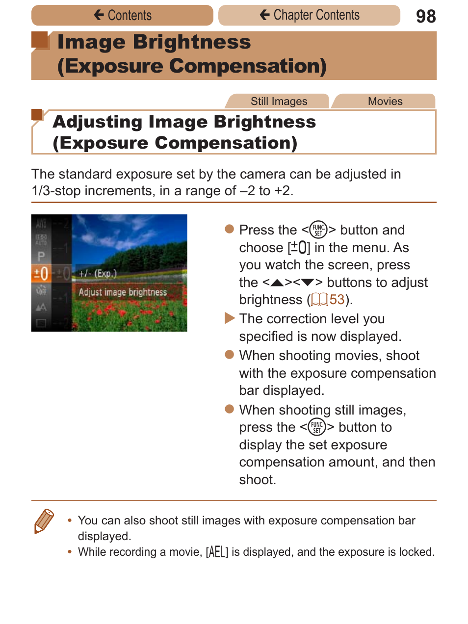 Image brightness, Exposure compensation), Desired | Image brightness (exposure compensation), Adjusting image brightness (exposure compensation) | Canon PowerShot A2600 User Manual | Page 98 / 229