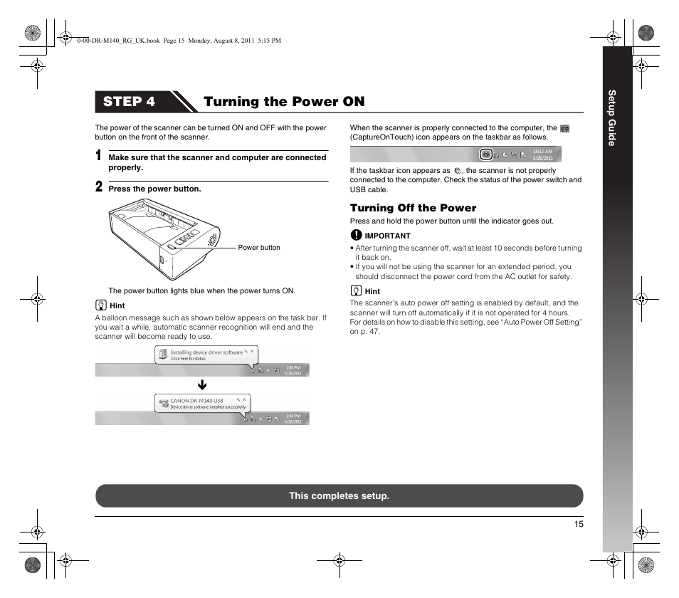Step 4 turning the power on | Canon imageFORMULA DR-M140 Document Scanner User Manual | Page 15 / 56