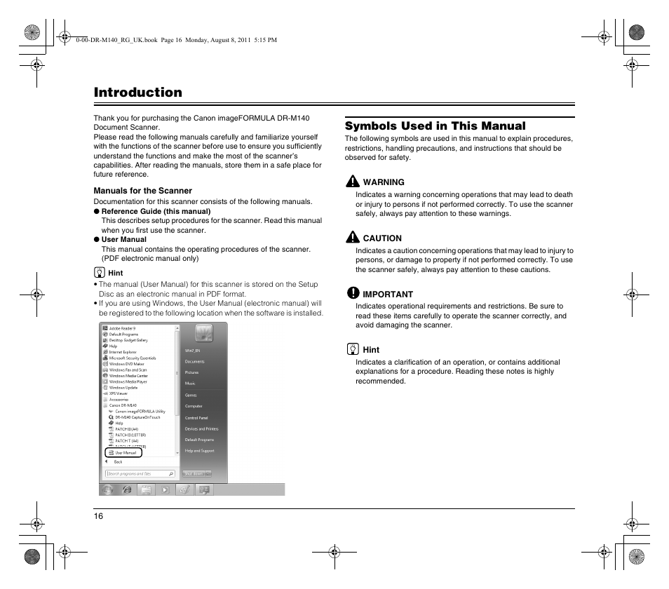 Introduction, Symbols used in this manual | Canon imageFORMULA DR-M140 Document Scanner User Manual | Page 16 / 56